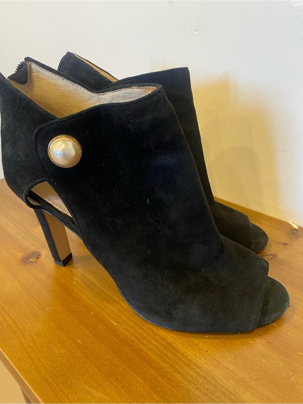 Black Suede Peep-Toe Heel Boots with Pearl Accent